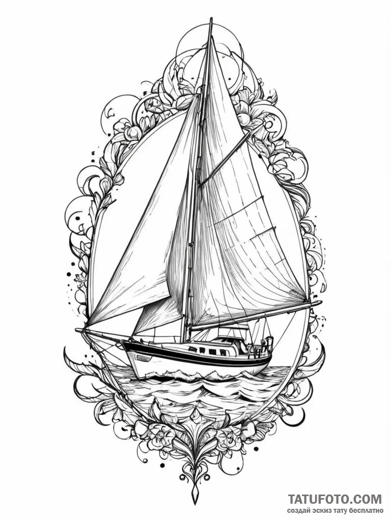 Yacht, under sail on a calm sea, tattoo sketc... - эскиз тату (№1751610558_0, 04.07.2025 06:29) — Tatufoto.com