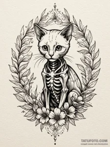 Cat skeleton entwined with flowers, tattoo dr... - эскиз тату (№1751611160_0, 04.07.2025 06:39) — Tatufoto.com