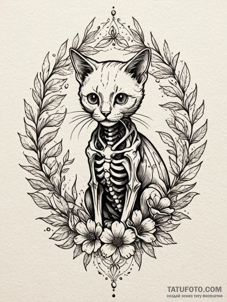 Cat skeleton entwined with flowers, tattoo dr… — эскиз тату (№1751611160_0, 04.07.2025 06:39) — Tatufoto.com