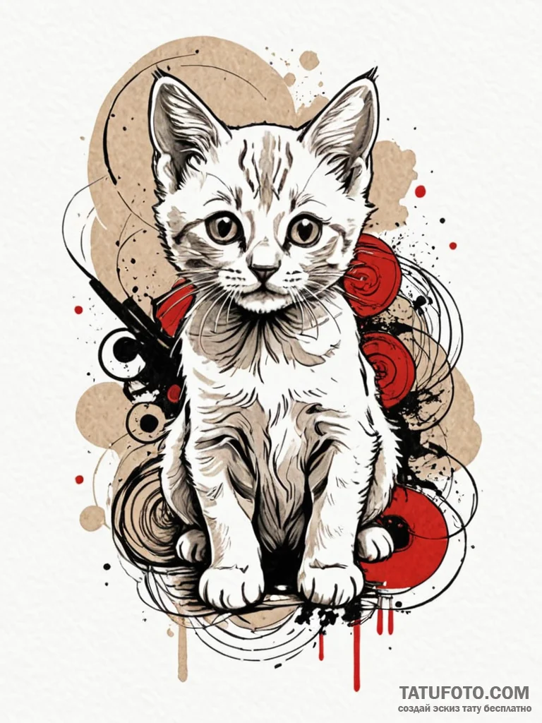 Kitten, concept art for tattoo, fine lines, d... - эскиз тату (№1751611246_0, 04.07.2025 06:40) — Tatufoto.com