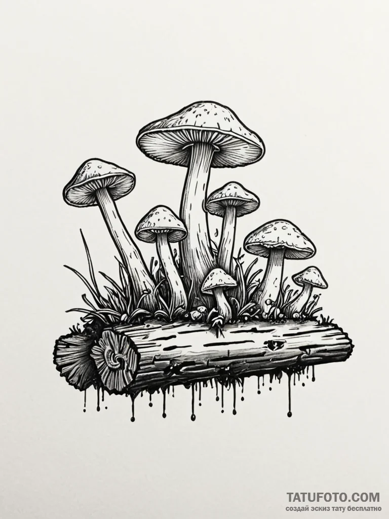 Bioluminescent mushrooms on a log - эскиз тату (№1751611591_0, 04.07.2025 06:46) — Tatufoto.com