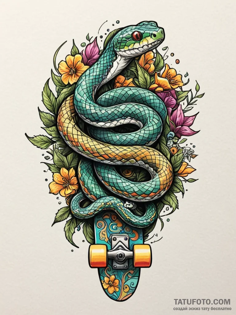 Snake wrapped around a skateboard, artistic t... - эскиз тату (№1751612192_0, 04.07.2025 06:56) — Tatufoto.com