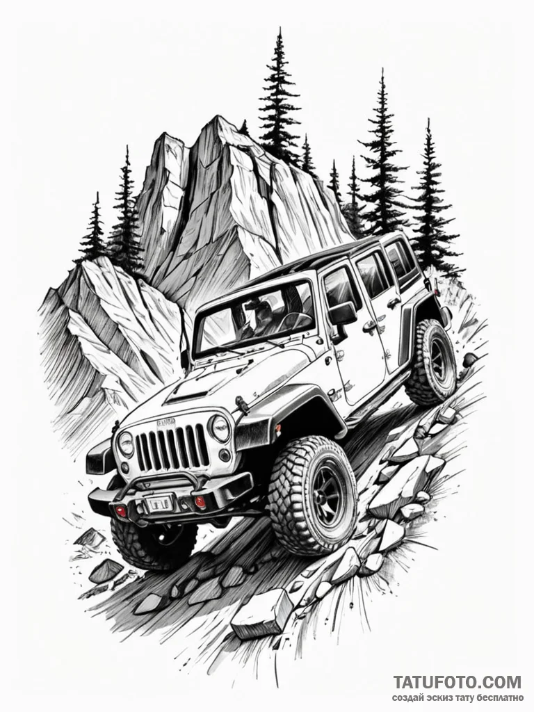 Jeep wrangler, modified for off-road, climbin... - эскиз тату (№1751612533_0, 04.07.2025 07:02) — Tatufoto.com