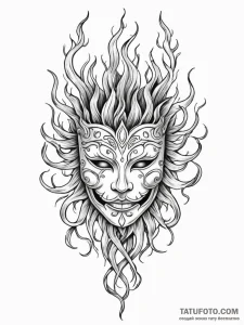 Flaming mask crowned in roots, tattoo line ar... - эскиз тату (№1751613218_0, 04.07.2025 07:13) — Tatufoto.com
