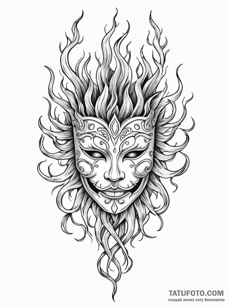 Flaming mask crowned in roots, tattoo line ar... - эскиз тату (№1751613218_0, 04.07.2025 07:13) — Tatufoto.com