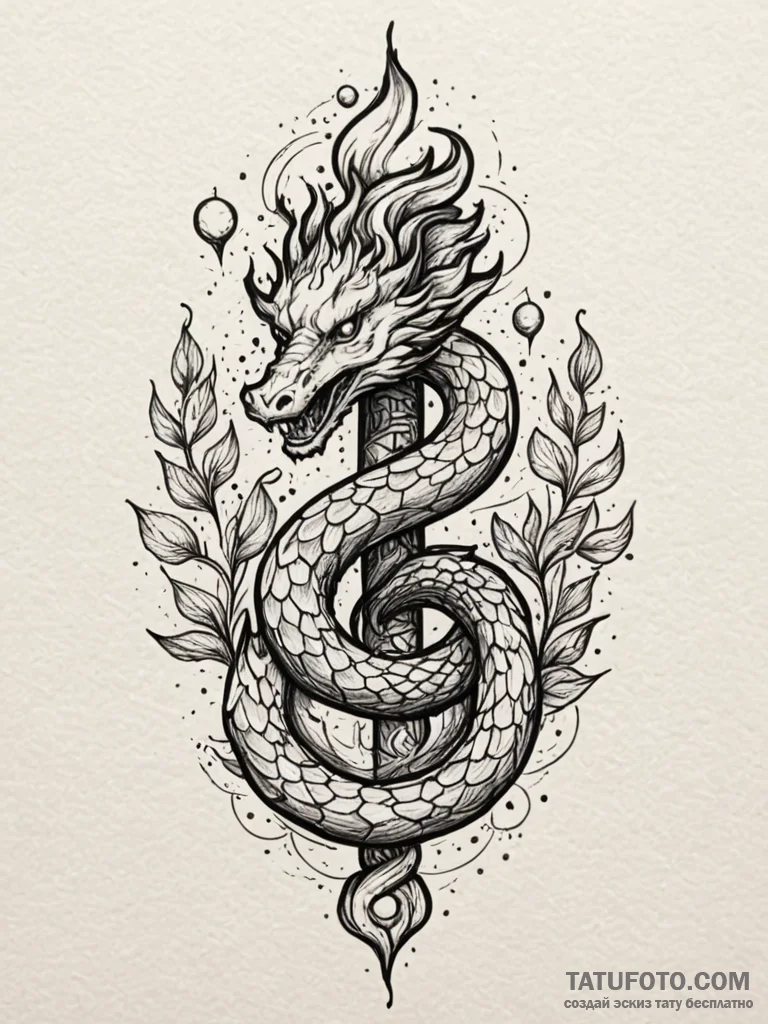 Flaming serpent through celestial bloom, arti... - эскиз тату (№1751613562_0, 04.07.2025 07:19) — Tatufoto.com