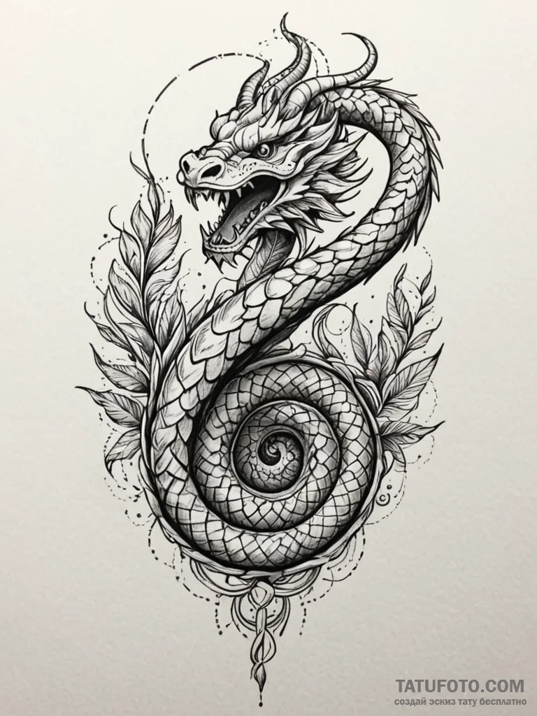 Feathered serpent spiraling upward, artistic... - эскиз тату (№1751614386_0, 04.07.2025 07:33) — Tatufoto.com