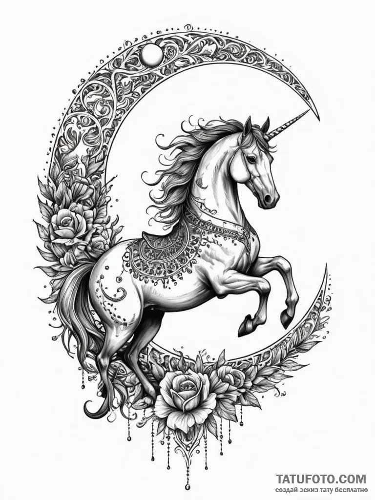 Nightmare steed beneath crescent moon, tattoo... - эскиз тату (№1751614558_0, 04.07.2025 07:35) — Tatufoto.com