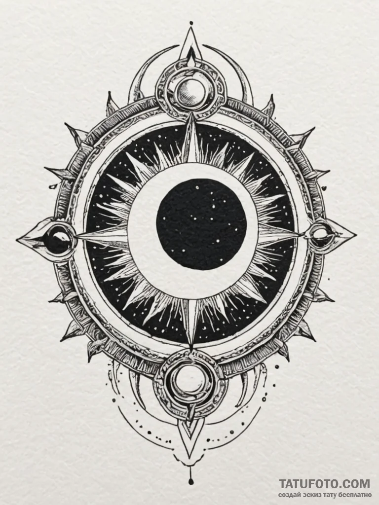 Zenith of a solar eclipse, ink illustration f... - эскиз тату (№1751615434_0, 04.07.2025 07:50) — Tatufoto.com