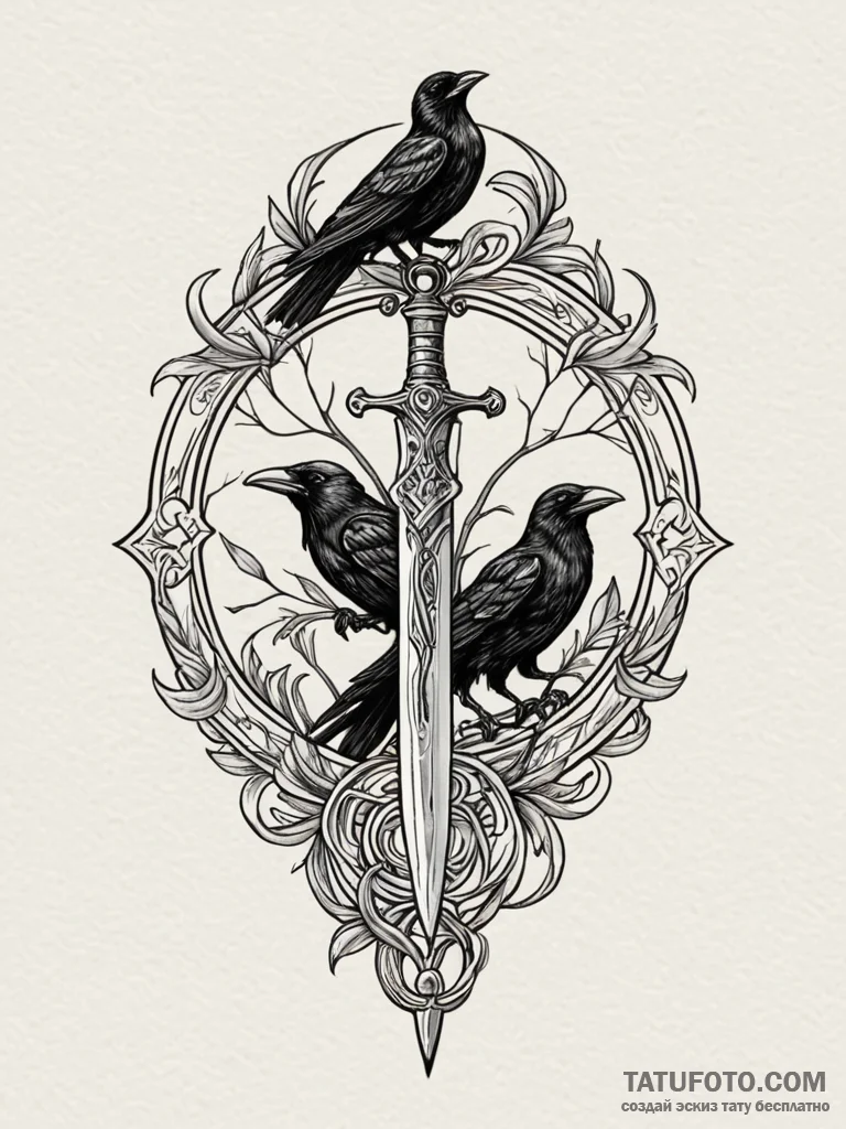 Dagger circled by crows, concept art for tatt... - эскиз тату (№1751616255_0, 04.07.2025 08:04) — Tatufoto.com