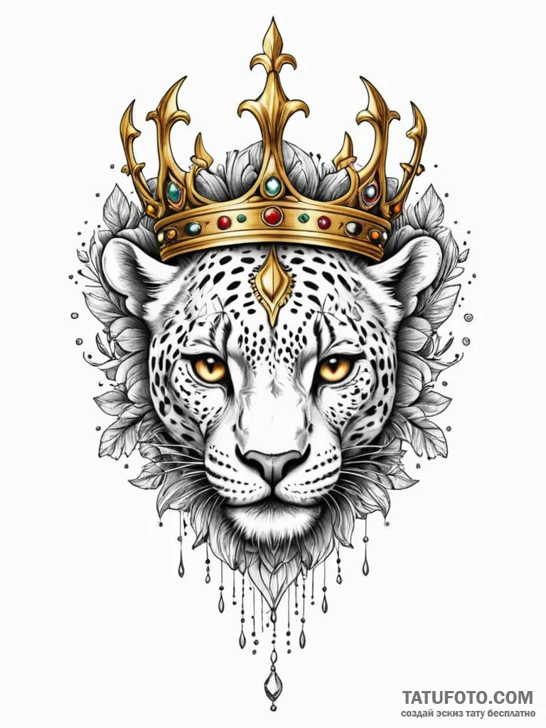 Leopard skull with golden crown, tattoo sketc... - эскиз тату (№1751616604_0, 04.07.2025 08:10) — Tatufoto.com