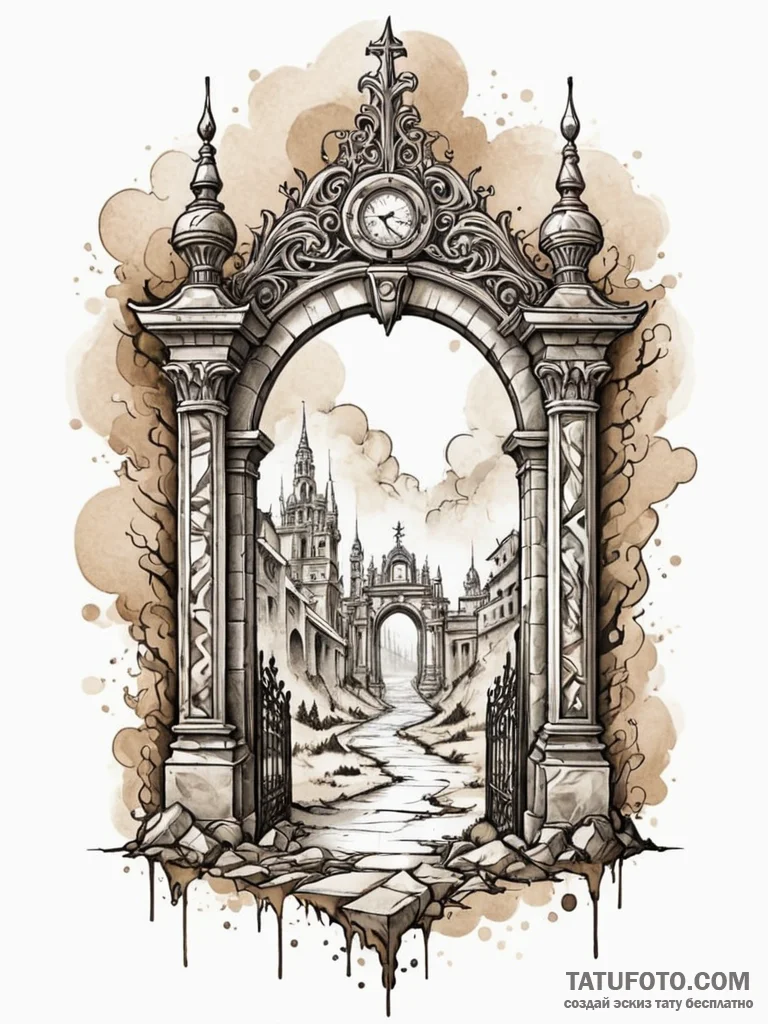 Ashen gate shrouded in mist, tattoo drawing o... - эскиз тату (№1751616779_0, 04.07.2025 08:12) — Tatufoto.com