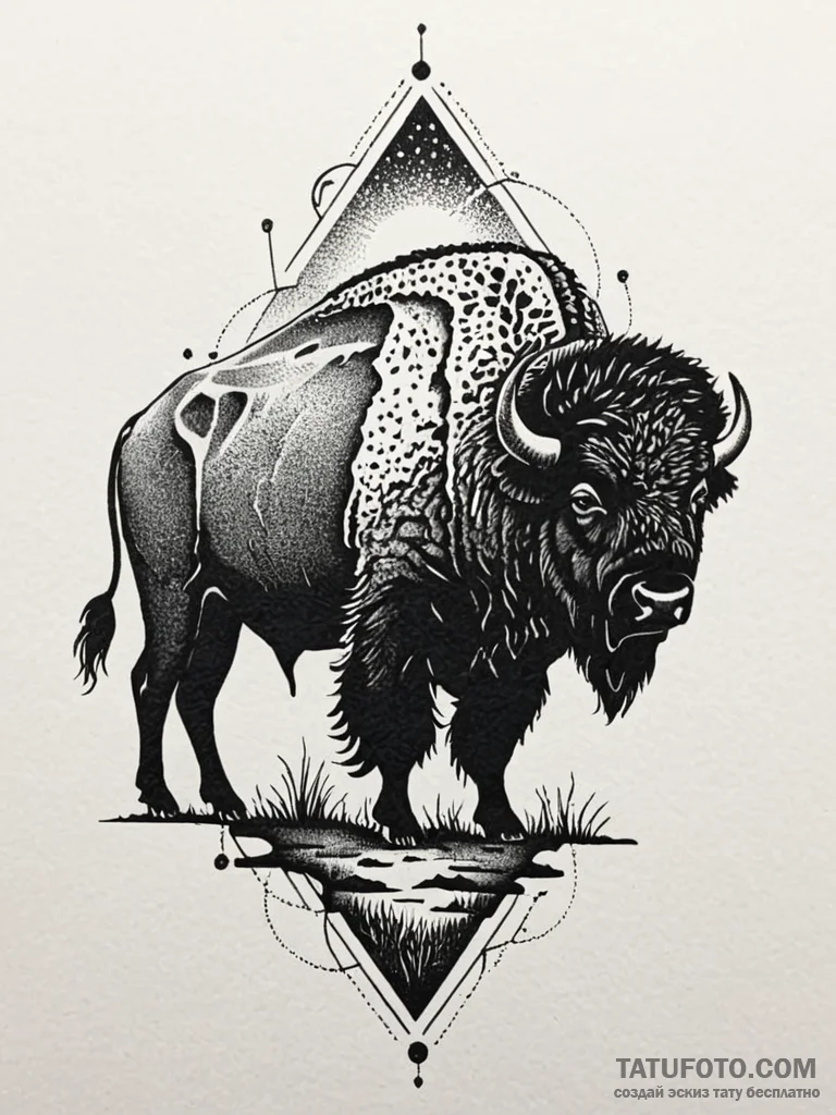 Bison silhouette against a prairie sunset, sy... - эскиз тату (№1751616865_0, 04.07.2025 08:14) — Tatufoto.com