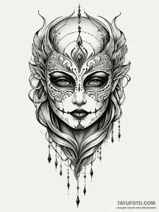 Painted mask beneath spectral veil, tattoo fl... - эскиз тату (№1751617039_0, 04.07.2025 08:17) — Tatufoto.com