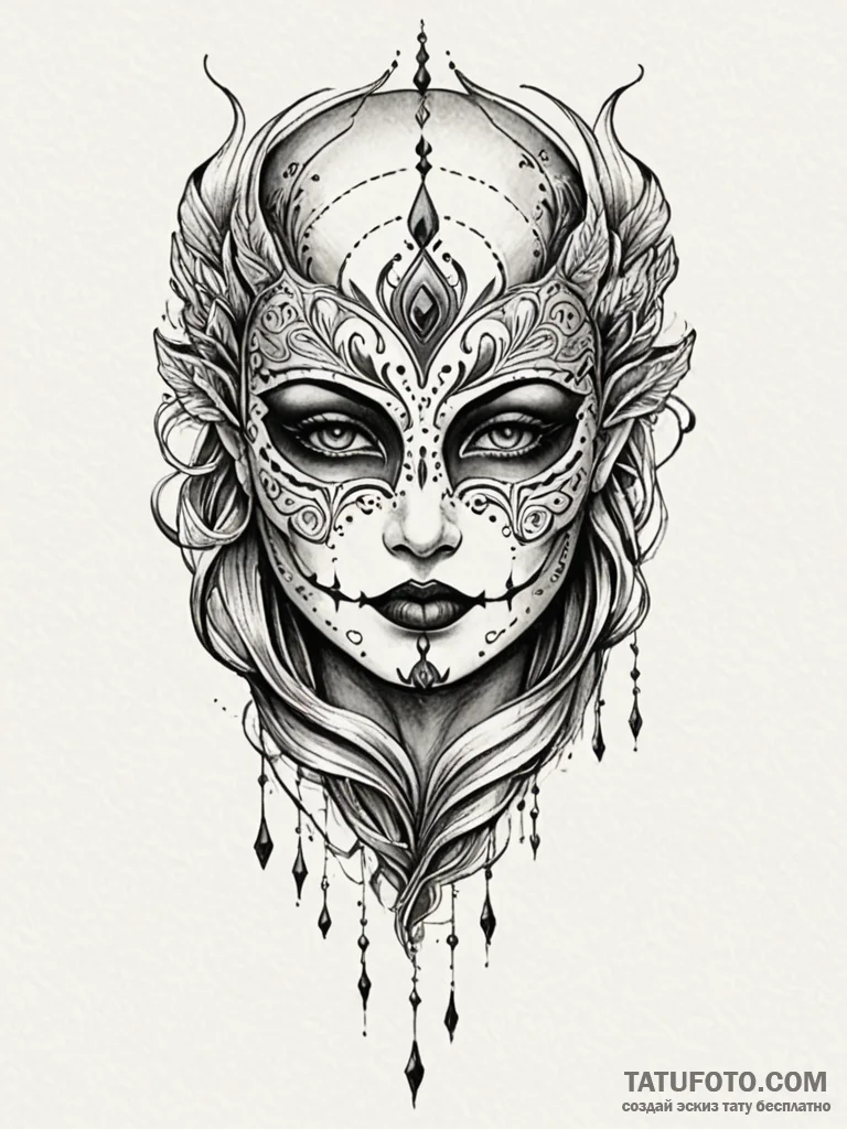 Painted mask beneath spectral veil, tattoo fl... - эскиз тату (№1751617039_0, 04.07.2025 08:17) — Tatufoto.com