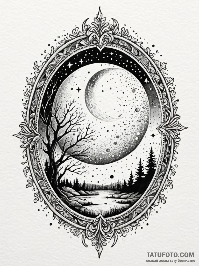Oak window beneath eclipsed moon, concept art... - эскиз тату (№1751617212_0, 04.07.2025 08:20) — Tatufoto.com