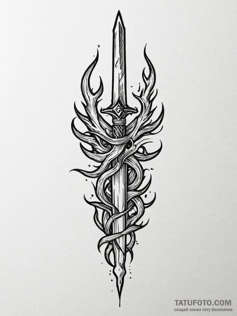 Flaming dagger crowned in roots, tattoo drawi… — эскиз тату (№1751617385_0, 04.07.2025 08:23) — Tatufoto.com
