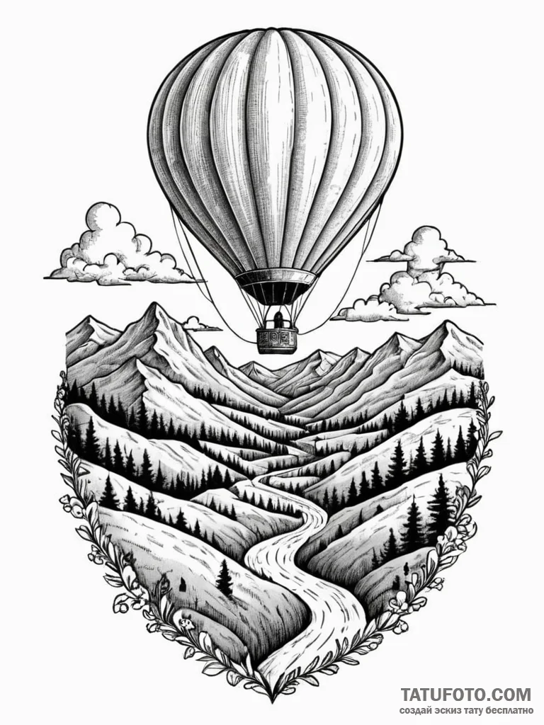 A whimsical hot air balloon festival over rol... - эскиз тату (№1751617989_0, 04.07.2025 08:33) — Tatufoto.com