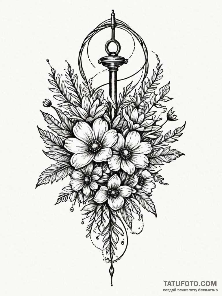 Wildflower bouquet, tied with a simple piece... - эскиз тату (№1751618976_0, 04.07.2025 08:49) — Tatufoto.com