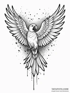 Parrot wings beneath spectral storm, ink illu... - эскиз тату (№1751620008_0, 04.07.2025 09:06) — Tatufoto.com