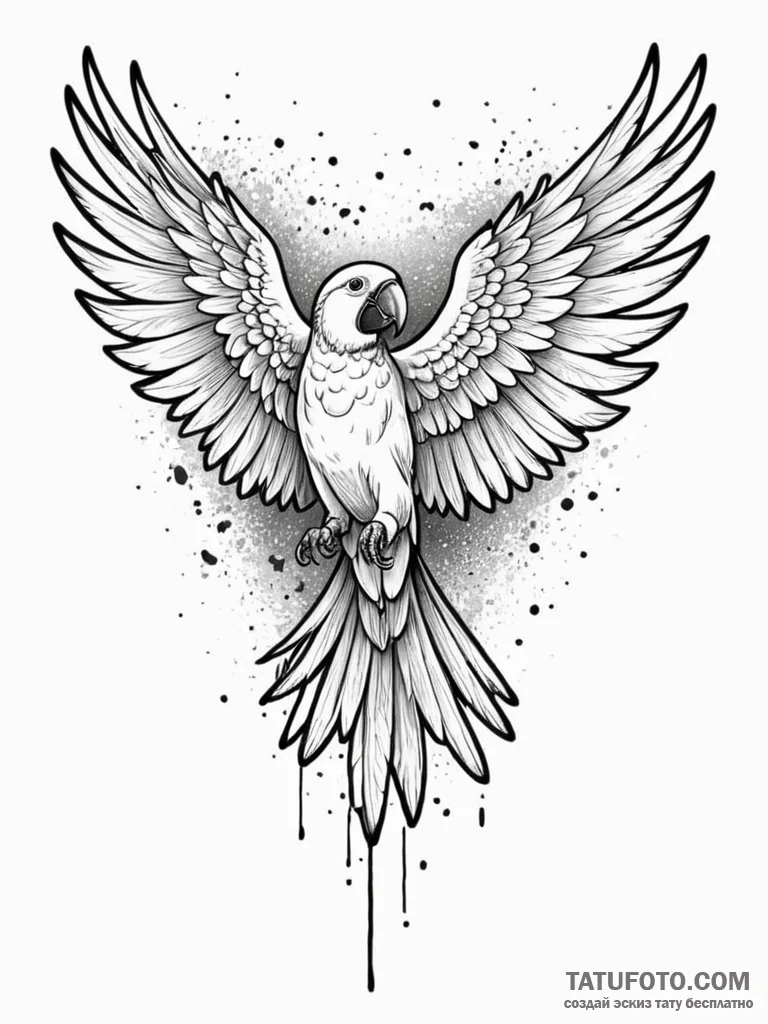 Parrot wings beneath spectral storm, ink illu… — эскиз тату (№1751620008_0, 04.07.2025 09:06) — Tatufoto.com