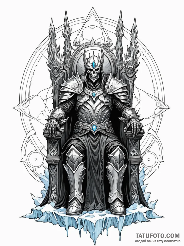 Lich king on a throne of ice and bone, ink il... - эскиз тату (№1751620605_0, 04.07.2025 09:16) — Tatufoto.com