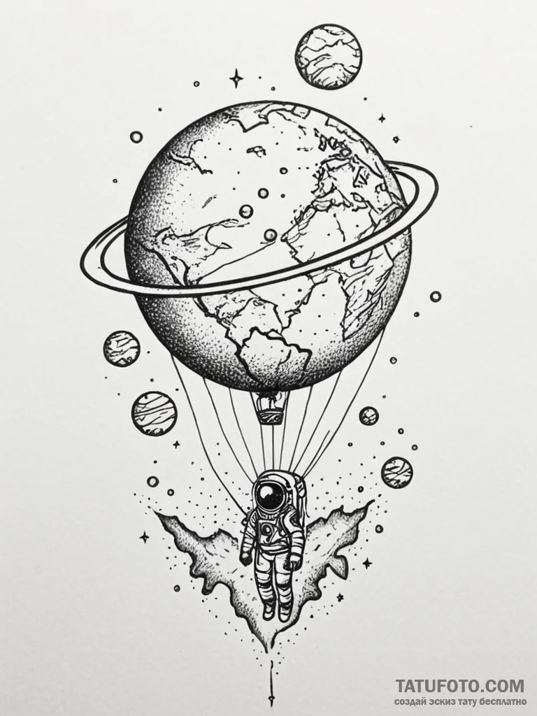 Astronaut holding a balloon shaped like plane... - эскиз тату (№1751620861_0, 04.07.2025 09:21) — Tatufoto.com