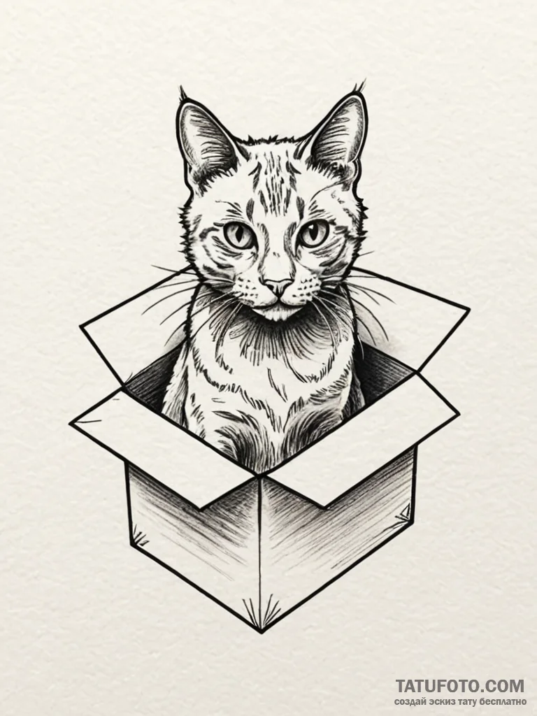 Schrodinger's cat in a box, concept art for t... - эскиз тату (№1751621378_0, 04.07.2025 09:29) — Tatufoto.com
