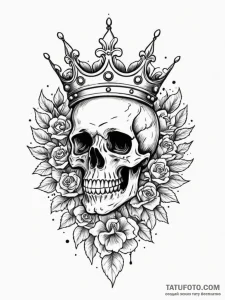 Burning skull with iron crown, tattoo flash s... - эскиз тату (№1751621464_0, 04.07.2025 09:31) — Tatufoto.com