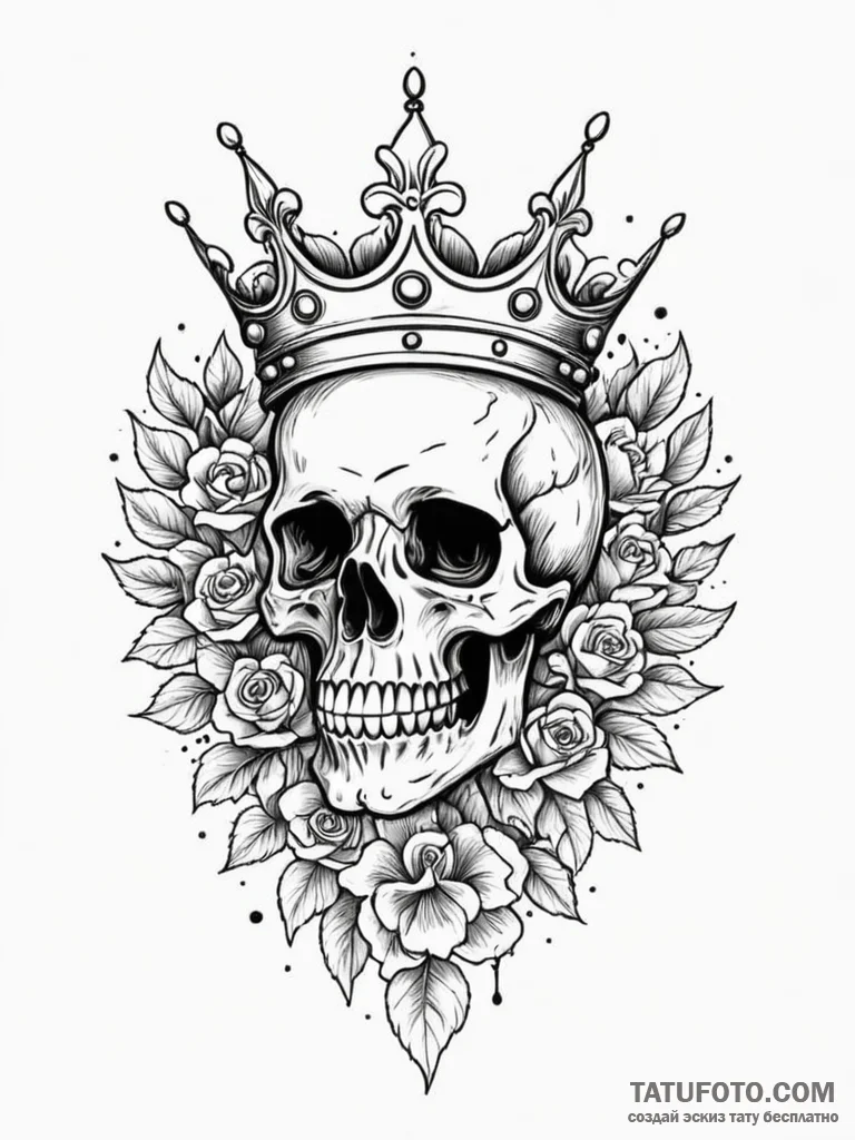 Burning skull with iron crown, tattoo flash s... - эскиз тату (№1751621464_0, 04.07.2025 09:31) — Tatufoto.com
