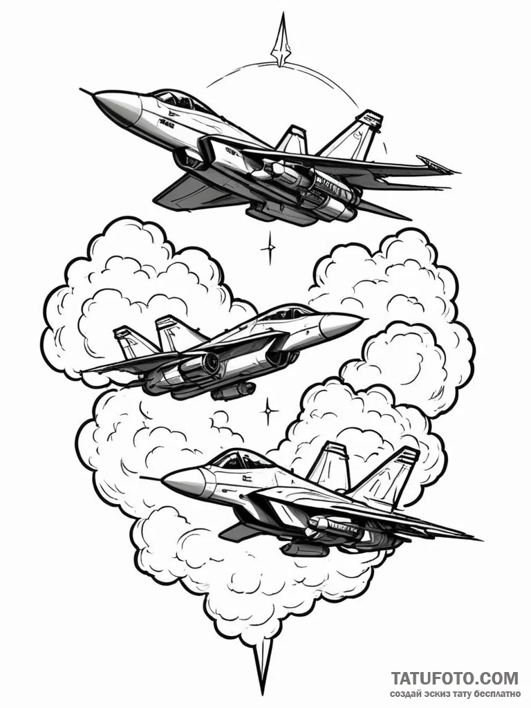 An aerial battle between two futuristic fight... - эскиз тату (№1751622323_0, 04.07.2025 09:45) — Tatufoto.com