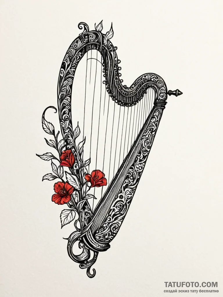 Broken harp with shadow strings, tattoo line... - эскиз тату (№1751622494_0, 04.07.2025 09:48) — Tatufoto.com