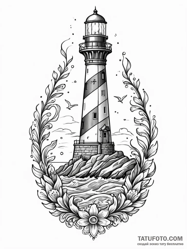 Lighthouse on a tiny island, its light reveal... - эскиз тату (№1751622581_0, 04.07.2025 09:49) — Tatufoto.com