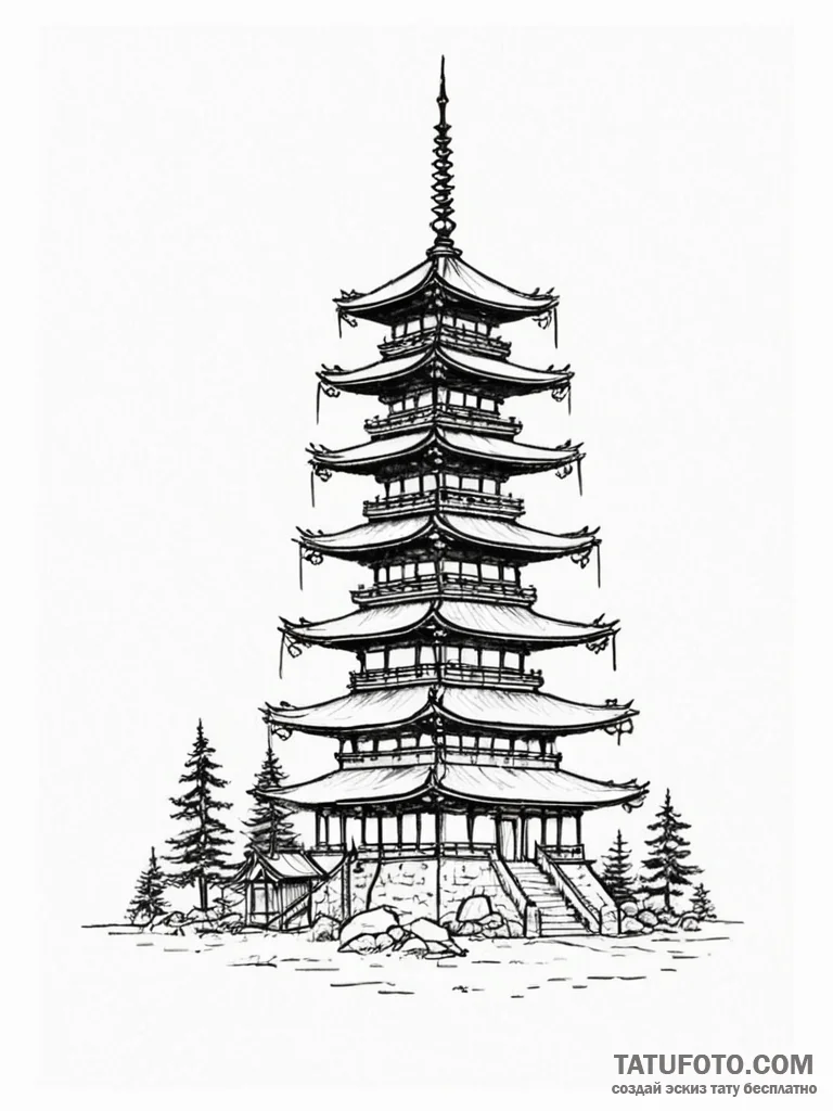 Pagoda with neon lights running up its tiers,… — эскиз тату (№1751622752_0, 04.07.2025 09:52) — Tatufoto.com