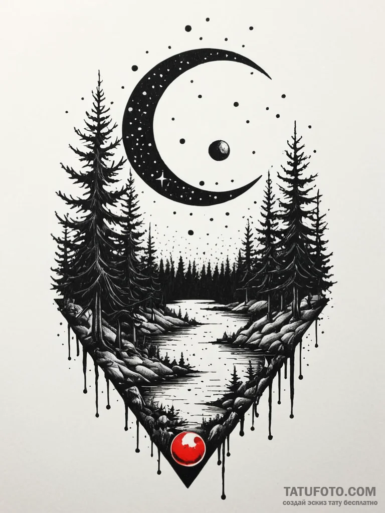 Blood moon hanging over a silent, dark forest... - эскиз тату (№1751622924_0, 04.07.2025 09:55) — Tatufoto.com