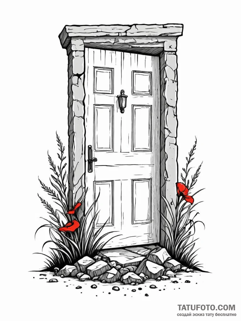 A door standing alone in a field, concept art... - эскиз тату (№1751623010_0, 04.07.2025 09:56) — Tatufoto.com