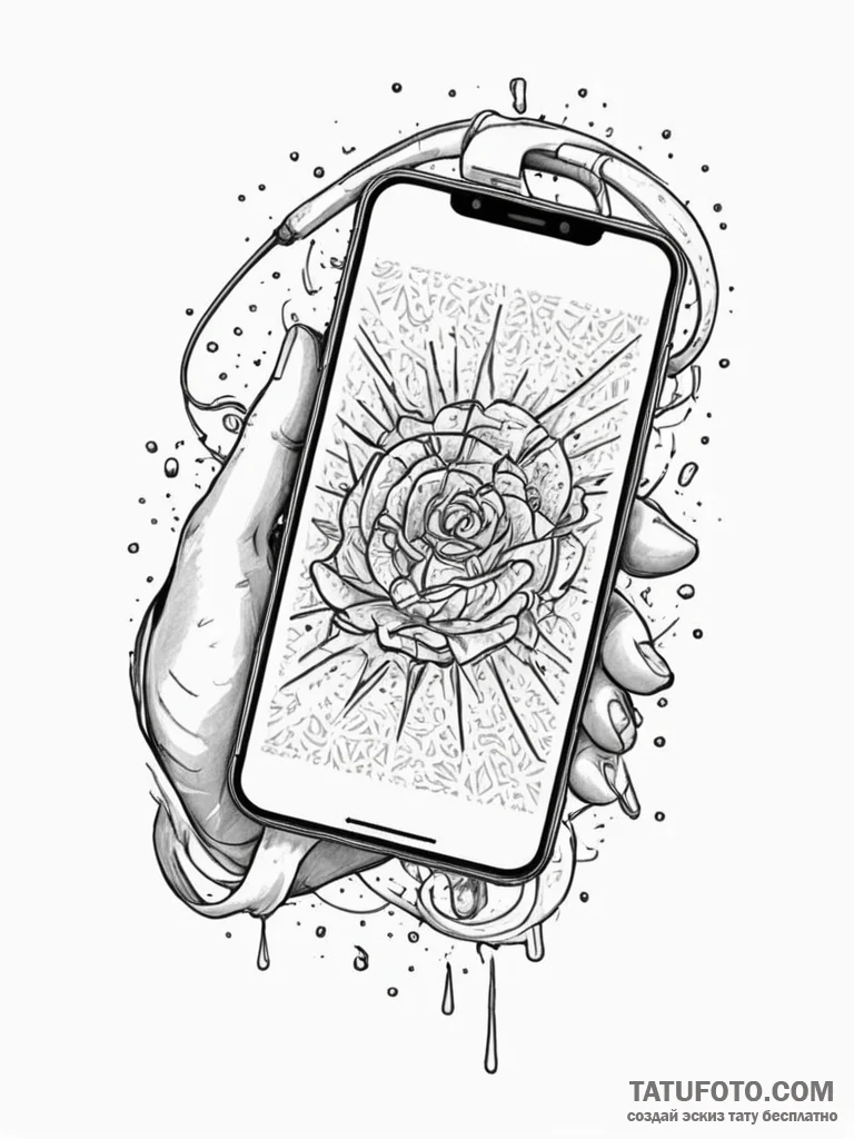 A detailed broken phone on ground, dropped,,... - эскиз тату (№1751623439_0, 04.07.2025 10:03) — Tatufoto.com