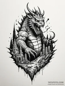 Kaiju crushing ancient city, tattoo sketch de... - эскиз тату (№1751623524_0, 04.07.2025 10:05) — Tatufoto.com