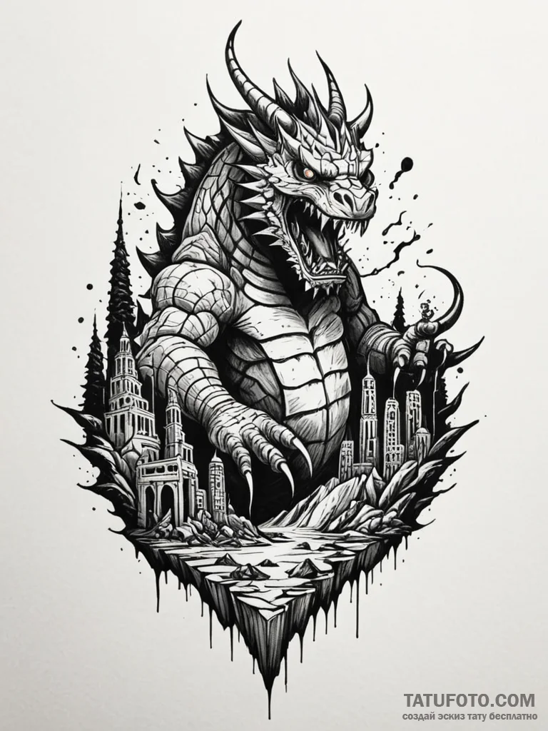 Kaiju crushing ancient city, tattoo sketch de... - эскиз тату (№1751623524_0, 04.07.2025 10:05) — Tatufoto.com