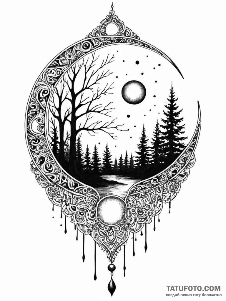 Blood moon hanging over a silent, dark forest... - эскиз тату (№1751624124_0, 04.07.2025 10:15) — Tatufoto.com