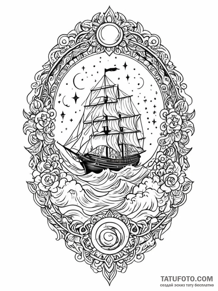 Keel of ship beneath celestial storm, tattoo... - эскиз тату (№1751624725_0, 04.07.2025 10:25) — Tatufoto.com