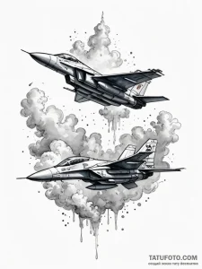 An aerial battle between two futuristic fight... - эскиз тату (№1751625412_0, 04.07.2025 10:36) — Tatufoto.com