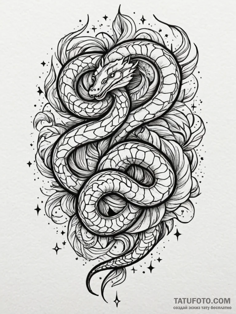 Spectral serpent weaving through stars, tatto… — эскиз тату (№1751625498_0, 04.07.2025 10:38) — Tatufoto.com