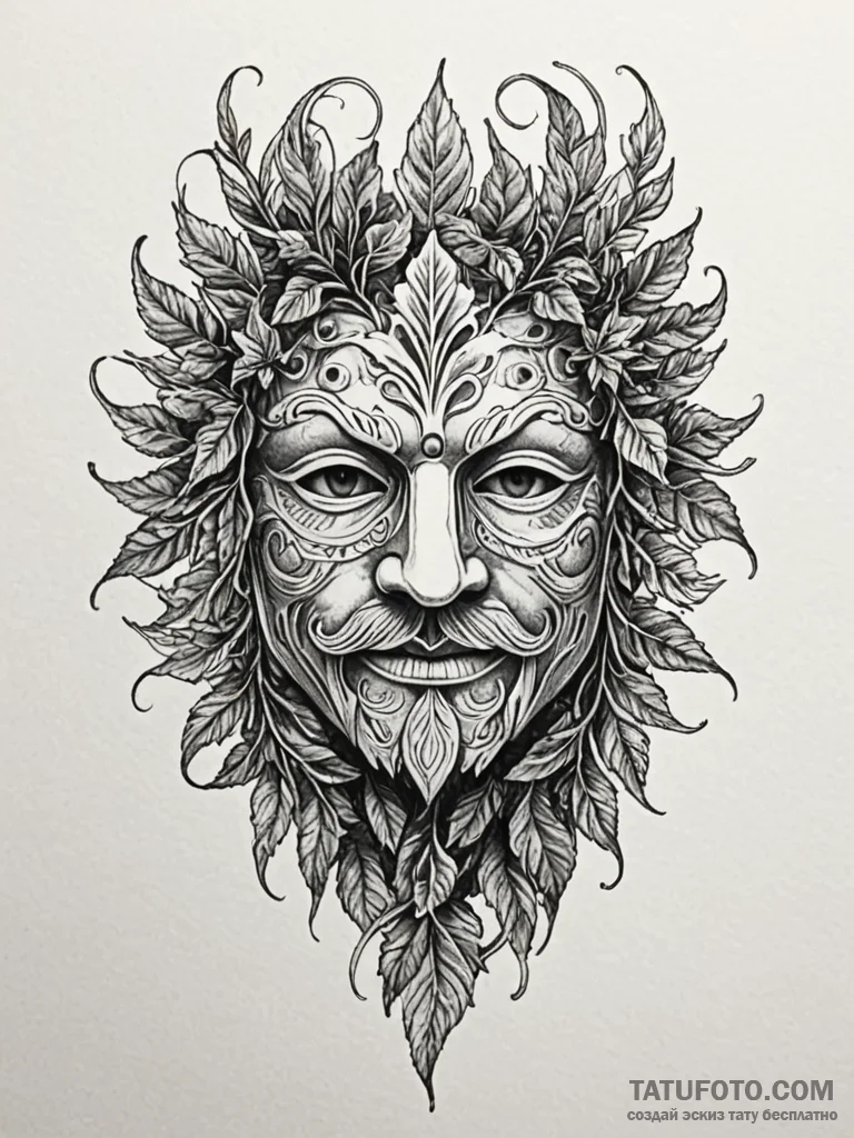 Mask of the green man, woven from leaves and... - эскиз тату (№1751626780_0, 04.07.2025 10:59) — Tatufoto.com