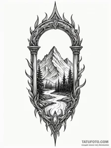 Torch beneath spectral arch, tattoo line art,... - эскиз тату (№1751627035_0, 04.07.2025 11:03) — Tatufoto.com