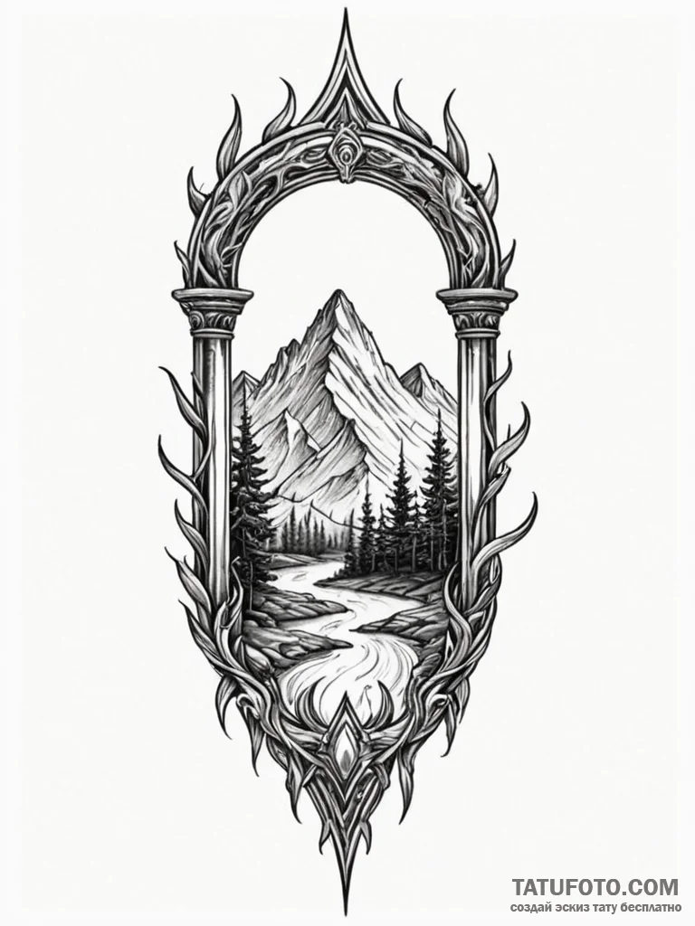 Torch beneath spectral arch, tattoo line art,... - эскиз тату (№1751627035_0, 04.07.2025 11:03) — Tatufoto.com