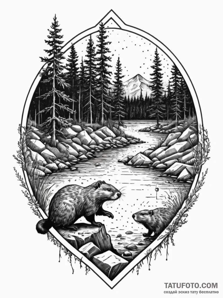 A watchful beaver building a dam, nature scen… — эскиз тату (№1751627292_0, 04.07.2025 11:08) — Tatufoto.com