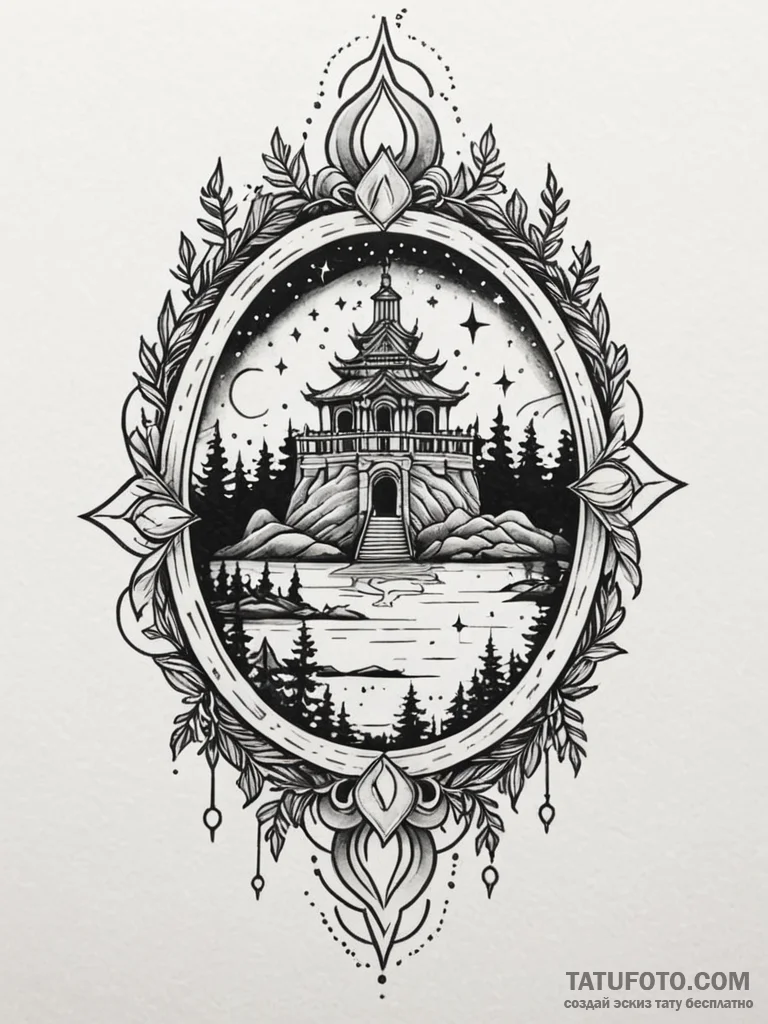 Overgrown temple beneath starry sky, tattoo f... - эскиз тату (№1751627635_0, 04.07.2025 11:13) — Tatufoto.com