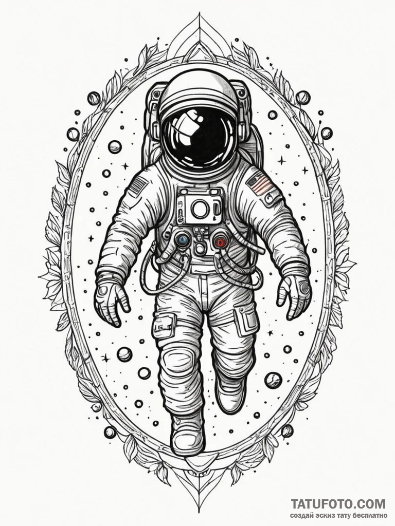 Astronaut, ink illustration for tattoo, fine... - эскиз тату (№1751627721_0, 04.07.2025 11:15) — Tatufoto.com