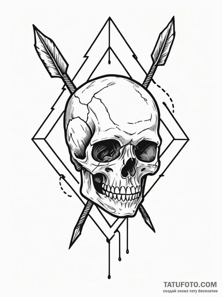 Broken arrow lodged in skull, tattoo flash sh... - эскиз тату (№1751628405_0, 04.07.2025 11:26) — Tatufoto.com